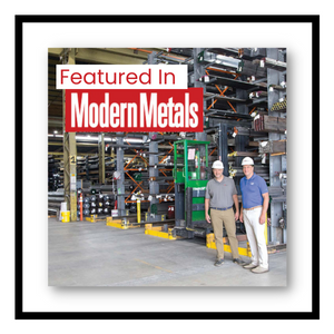 Picture of staff in plant with Featured in Modern Metals text